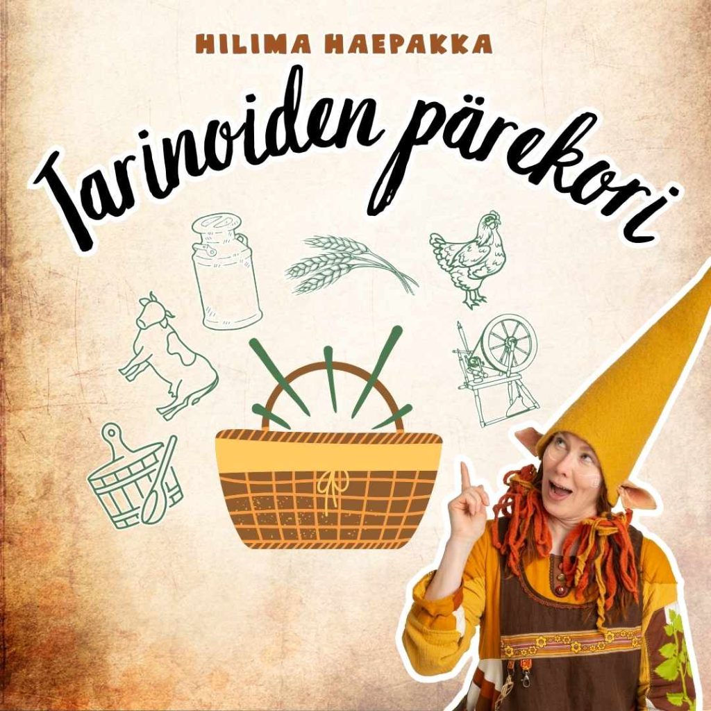 Hilima Haepakka tonttu keltaisessa tonttulakissa osoittaa sormella pärekoria